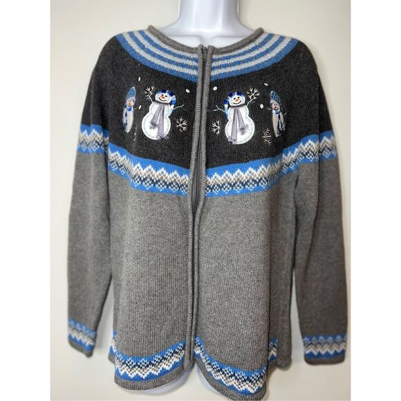 Vintage Fair Isle Snowmen Zip up Gray/Blue LARGE - Picture 1 of 8